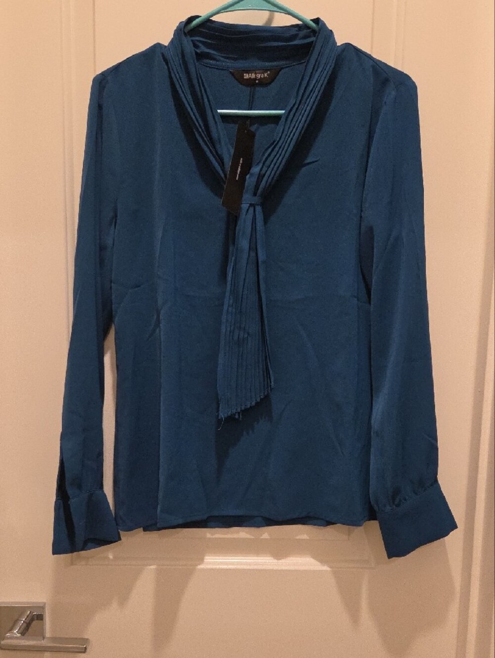 Allegra K Teal Pleated V-Neck Long Sleeve Blouse